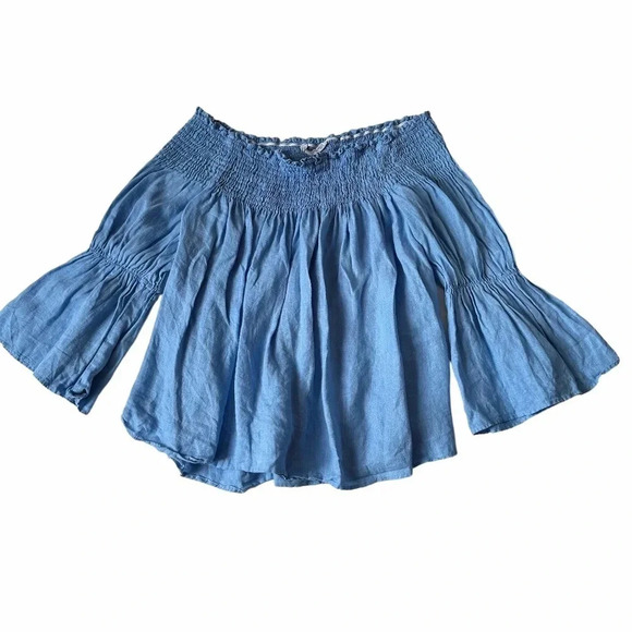 Zara  Blue off the shoulder top 100% Linen size Large - Picture 1 of 5